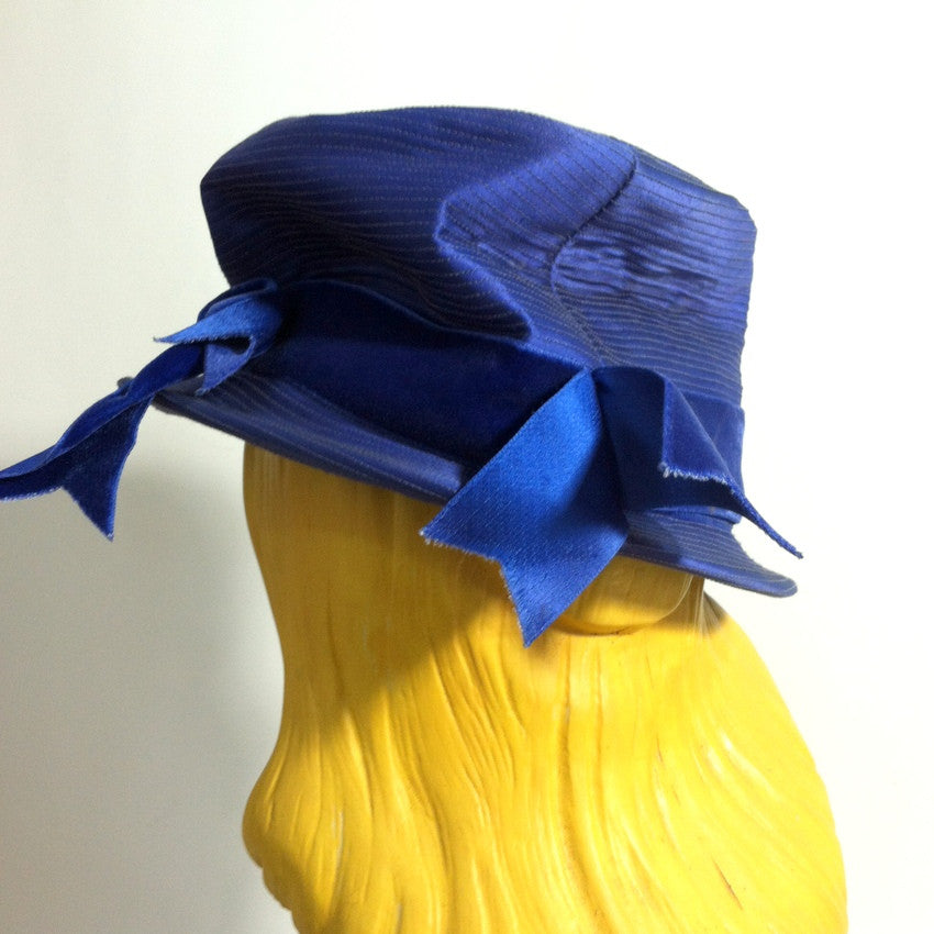 Vivid Blue Deco Seamed Satin Hat w/ Velvet Ribbon circa 1940s