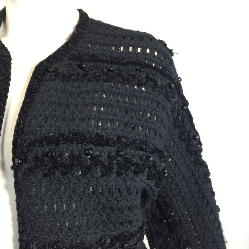 Lush Black Chenille Knit Beaded Cardigan Sweater circa 1960s