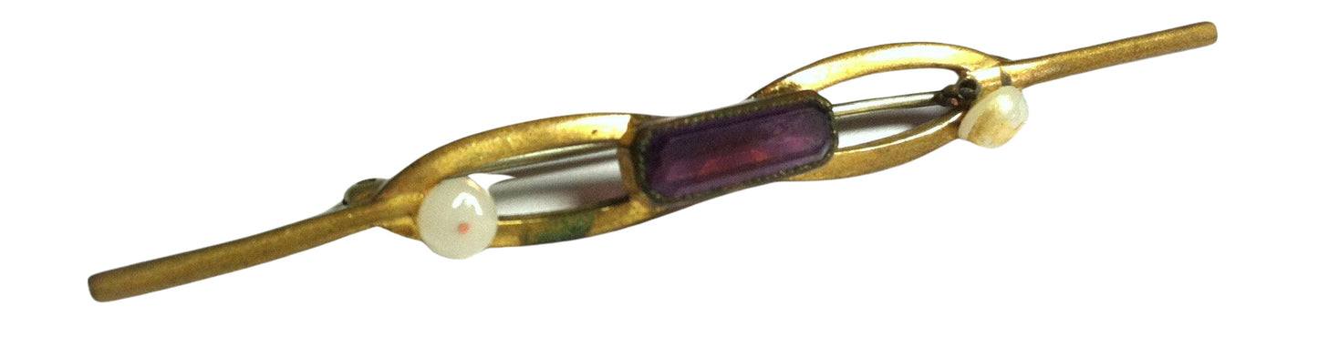 Gold and Amethyst Czech Glass and Shell Fob Sash Pin circa Early 1900s