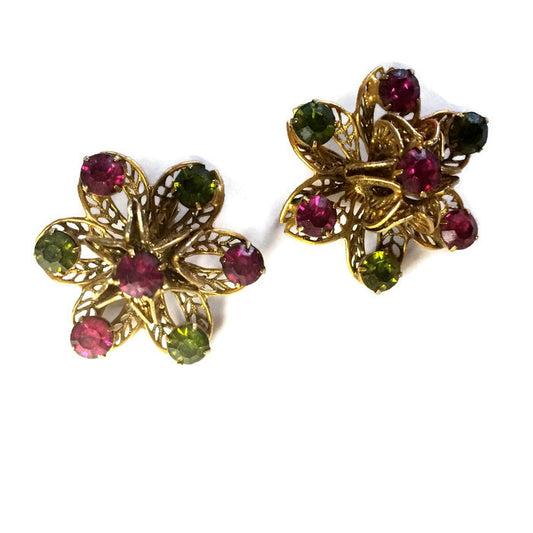 Statement Sized 3-D Filigree Flower Earrings with Purple and Green Rhinestones circa 1960s