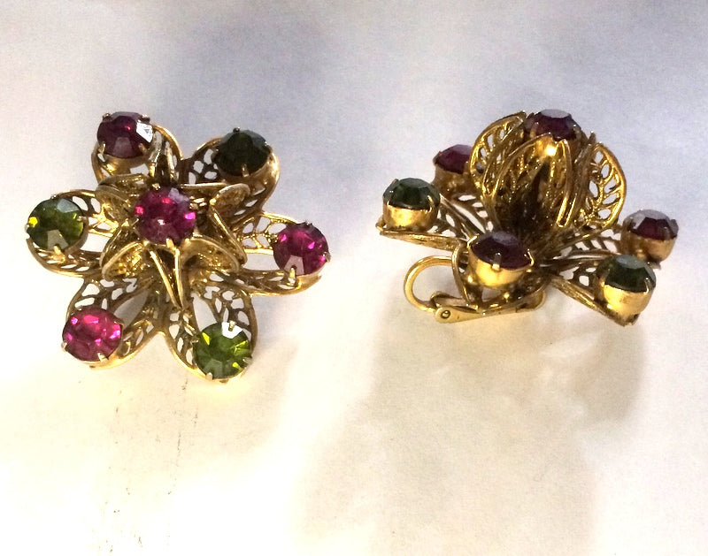 Statement Sized 3-D Filigree Flower Earrings with Purple and Green Rhinestones circa 1960s