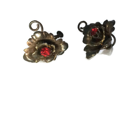 Red Rhinestone Bronze Tone Metal Rose Earrings circa 1940s