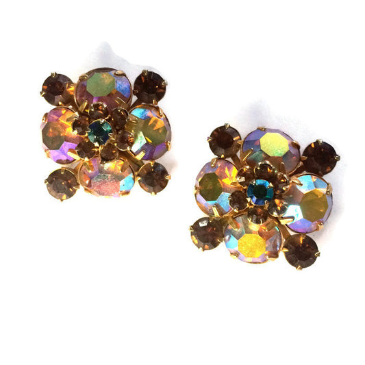 Topaz and Amber Iridescent Rhinestone Clip Earrings circa 1960s