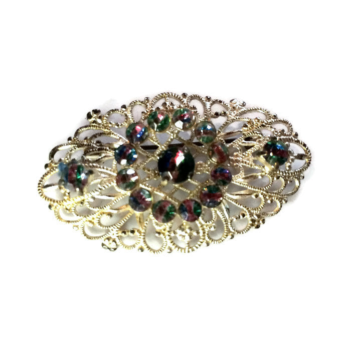 Silver Tone Filigree Brooch with Striated Cabochons circa 1960s