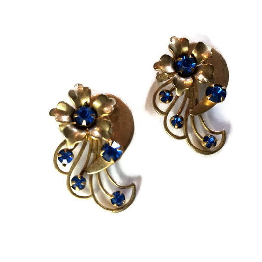 Whimsical Flower Gold Tone Metal Pair of Scatter Pins with Blue Rhinestones circa 1940s