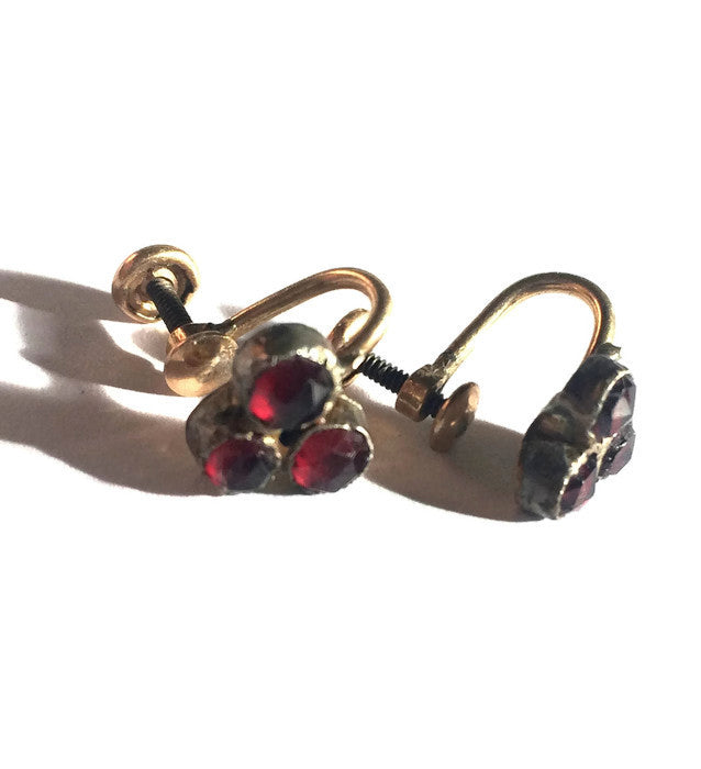 Triple Garnet Screw Back Clip Earrings circa 1940s