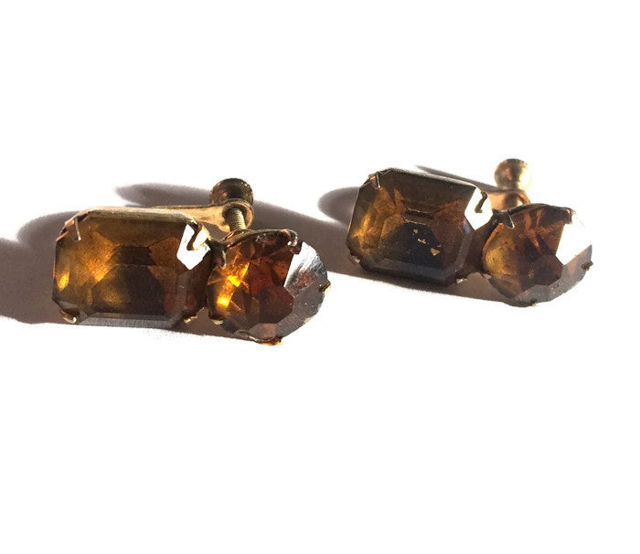 Honey Colored Beveled Glass Clip Earrings circa 1950s