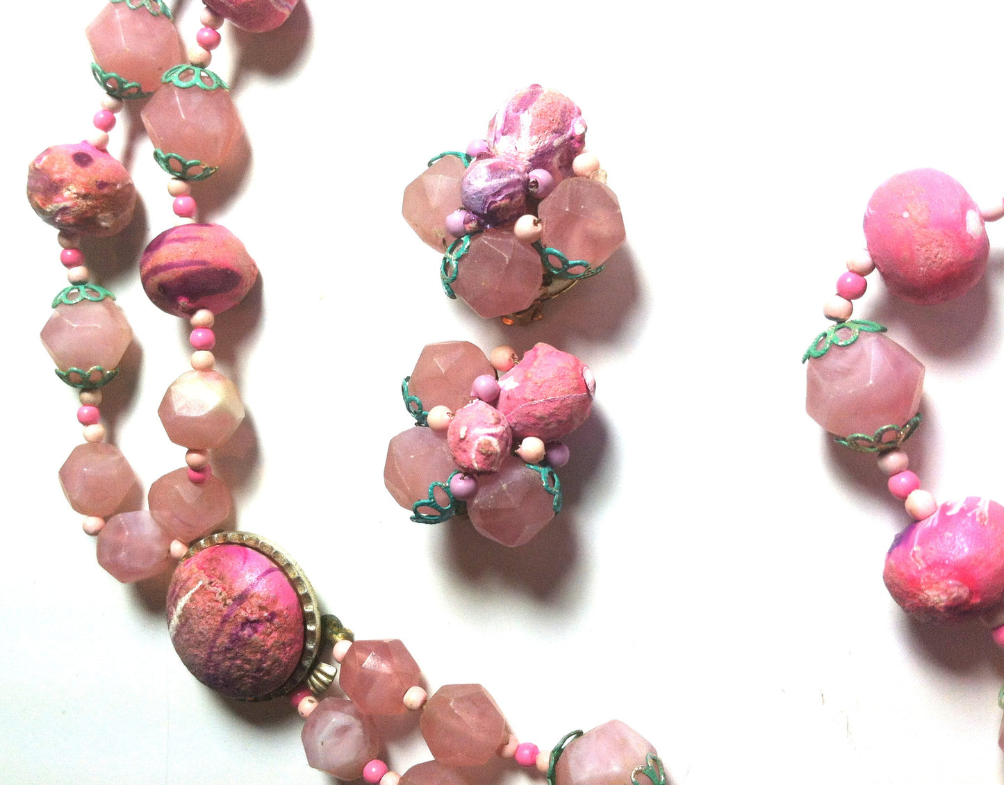 Swirled Pink Sugar Coated Double Strand Beaded Necklace and Clip Earrings circa 1960s