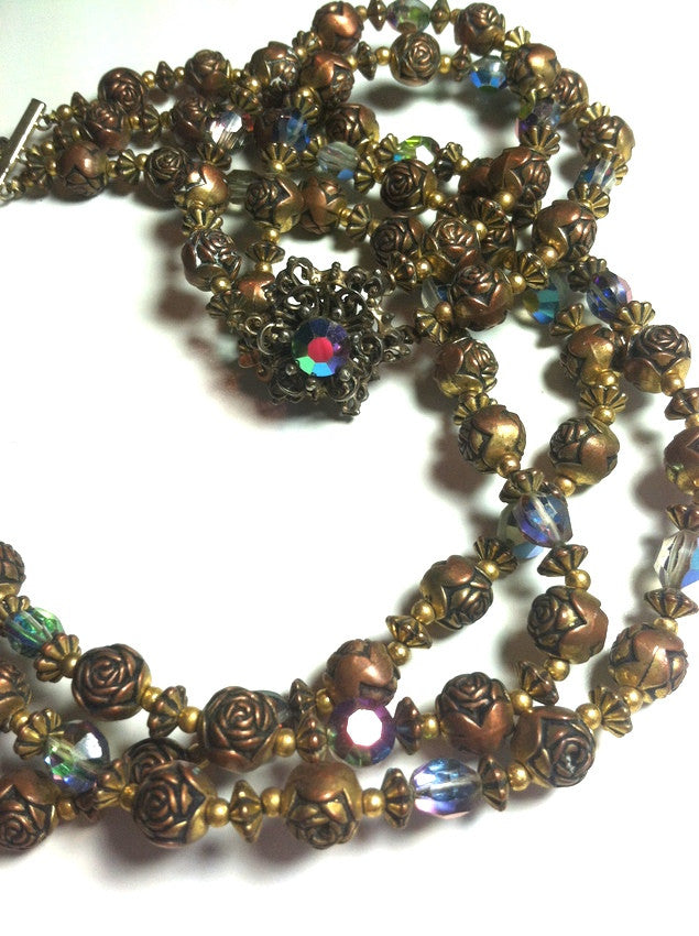 SALE Coppery Rosette Bead and Aurora Borealis Crystal Necklace and Bracelet Set circa 1960s