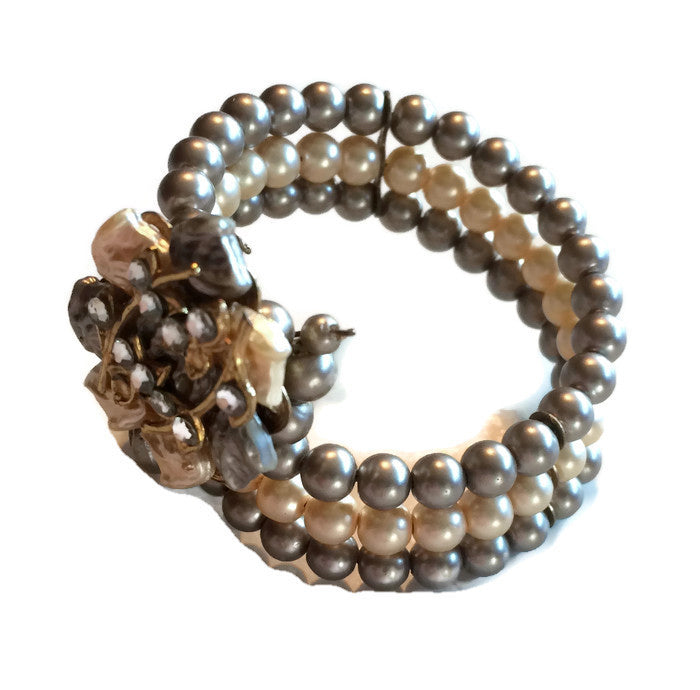 Haskell Style Baroque Faux Pearl and Rhinestone Wire Bracelet circa 1960s
