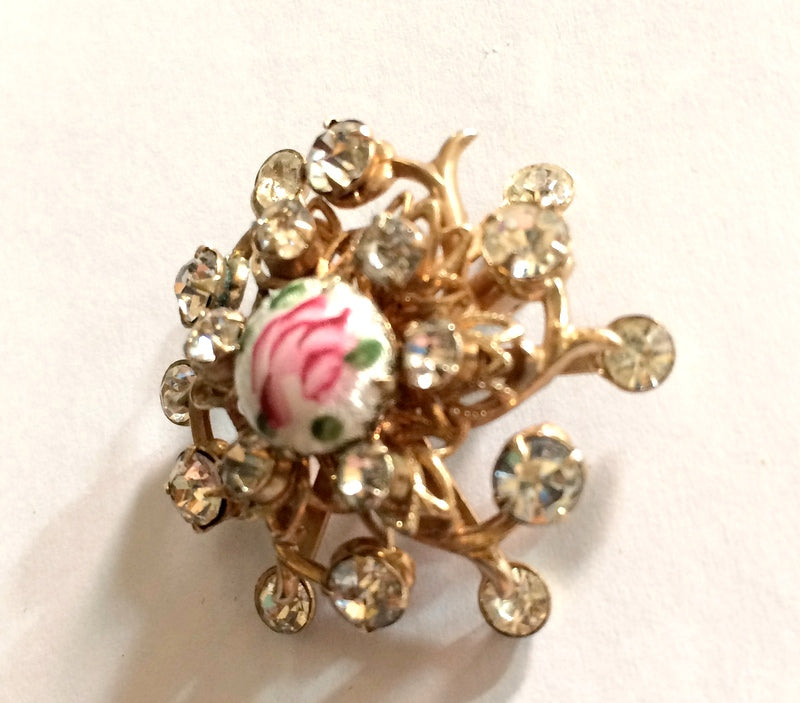 Rose Topped Painted Enamel Domed Rhinestone Brooch circa 1960s