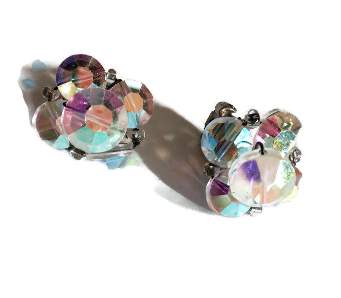 Glitzy Aurora Borealis Lead Crystal Clip Earrings circa 1960s