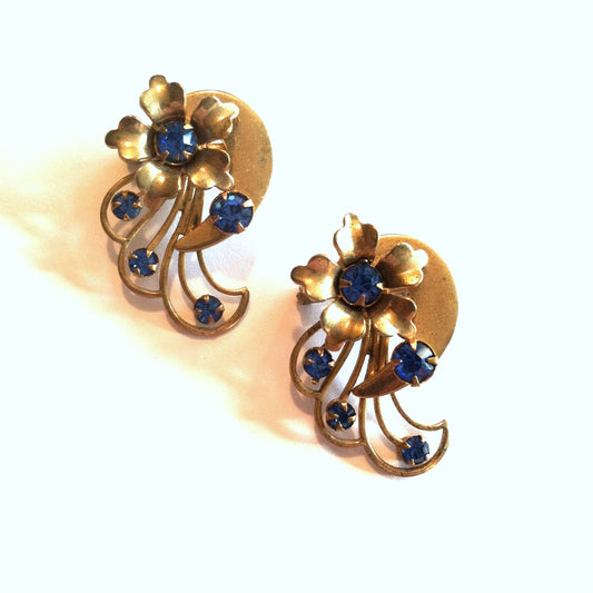 Pair Blue Rhinestone Dotted Flower Scatter Pins circa 1950s