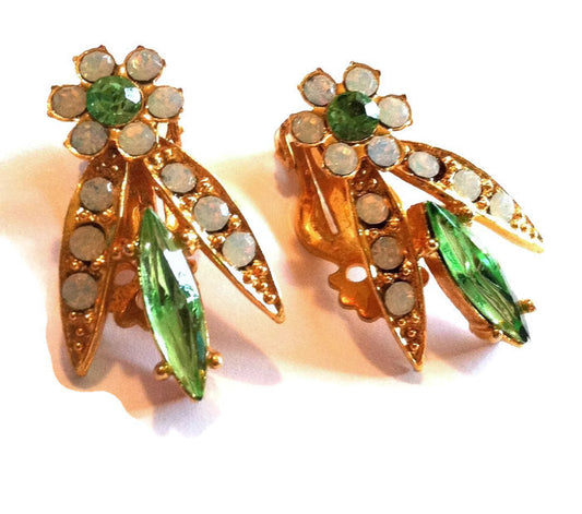 Lime Green Flower and Leaf Clip Earrings circa 1960s