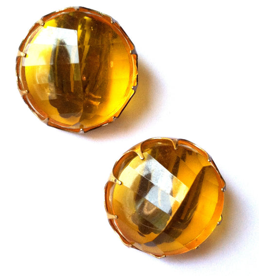 Amber Beveled Lucite Peaked Dome Large Clip Earrings circa 1950s