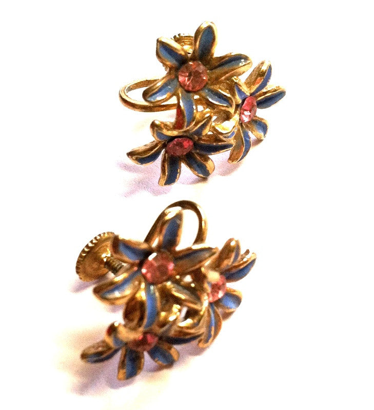 Sweet Pink Rhinestone Blue Enameled Flower Screwback Clip Earrings circa 1950s