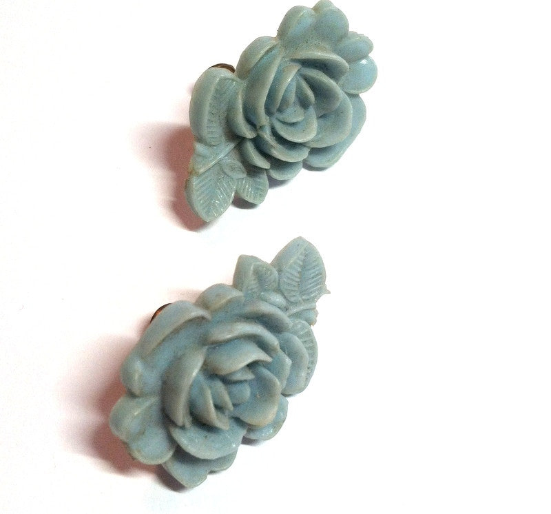 Delft Blue Sculpted Plastic Rose Screwback Clip Earrings circa 1950s