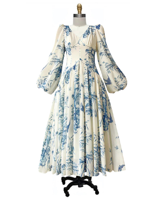 Fleur- the Gunne Style Floral Print Lantern Sleeve Dress