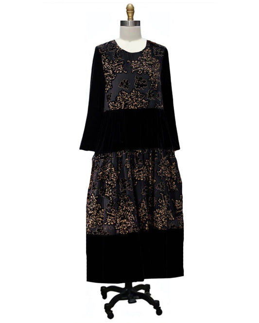 Emily- the Black Velvet and Gold 1920s Style Dress