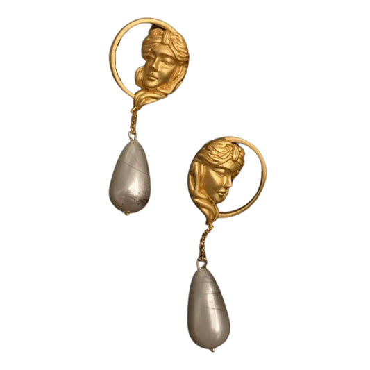 Doro- the Art Nouveau Woman's Profile Earrings with Faux Pearls