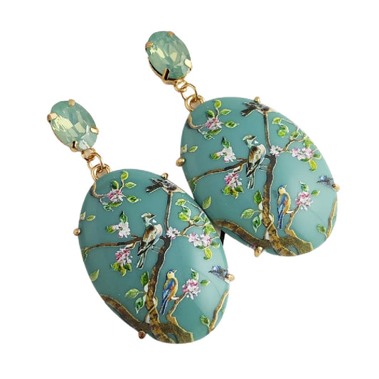 Treed- the Birds and Branches Dangle Cloisonne Cabochon Earrings 2 Colors