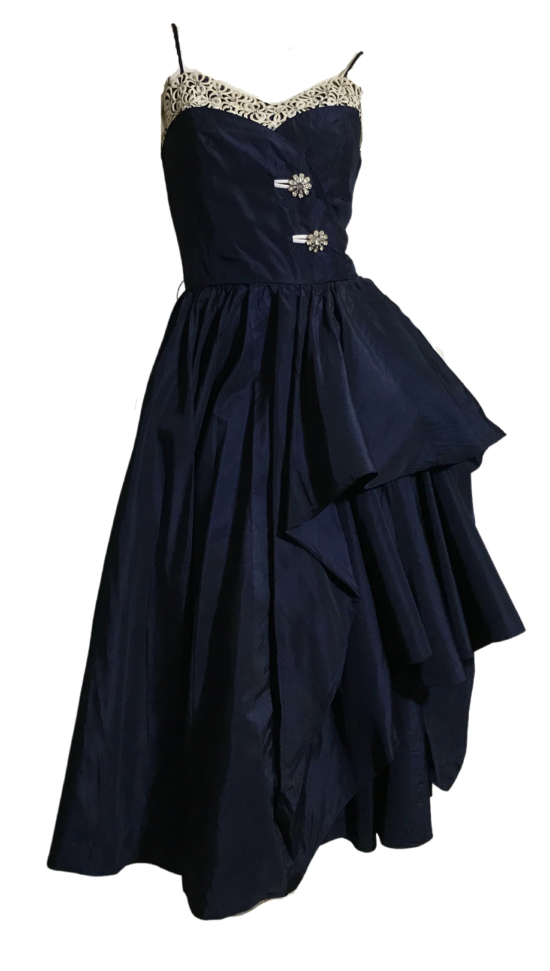 Rhinestone Button Trimmed Deep Blue Taffeta Cocktail Dress with Swagge –  Dorothea's Closet Vintage