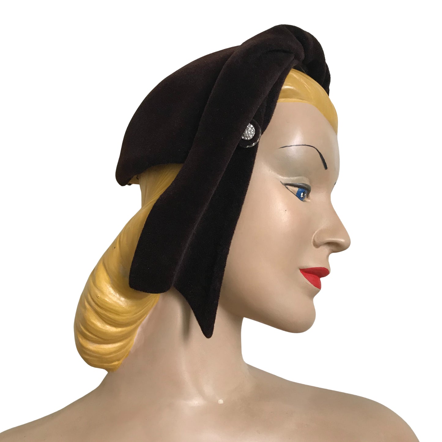 Chocolate Brown Felted Wool Elegantly Sculpted Rhinestone Accented Cocktail Hat circa 1950s