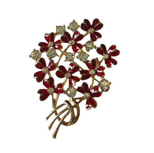 Red and Gold Rhinestone Dotted Flower Bouquet Brooch circa 1980s