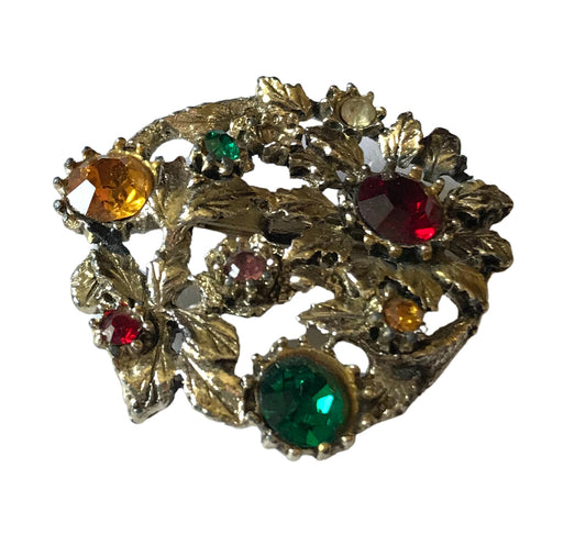 Multicolored Rhinestone Floral Cluster Silver Tone Metal Brooch circa 1960s