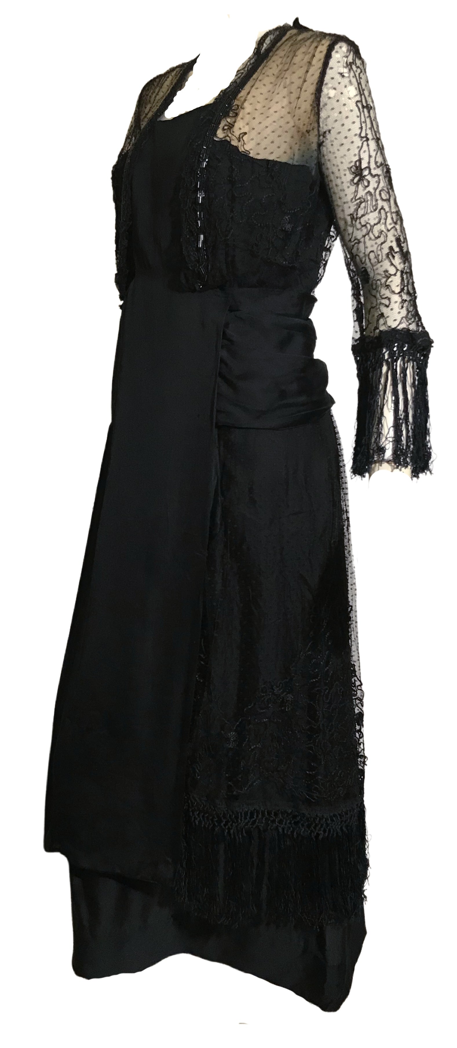 Elaborate Ink Black Silk Formal Dress with Beading Lace and Long Fringe circa 1910s Elaborate Ink Black Silk Formal Dress with Beading Lace and Long Fringe circa 1910s