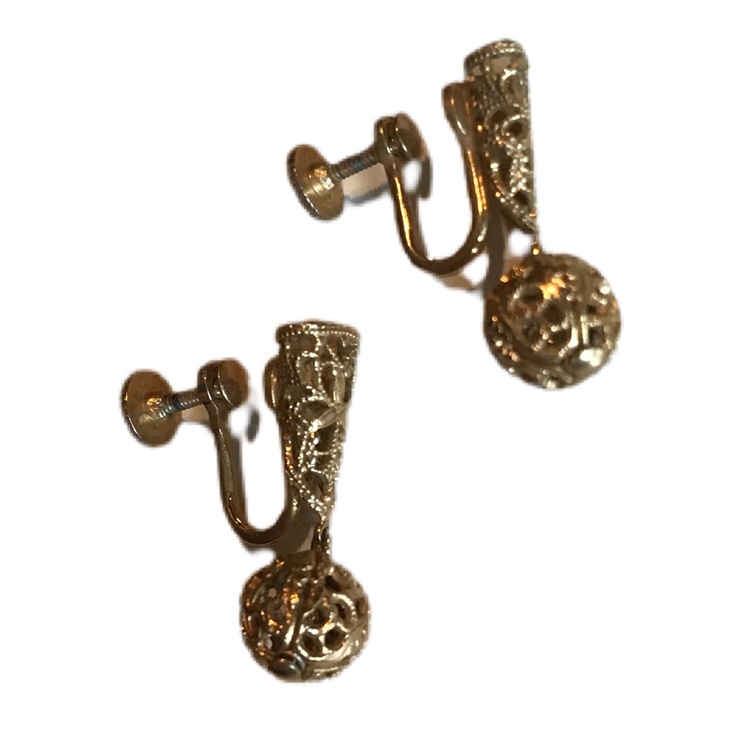 Gold Tone Filigree Exclamation Mark Dangles Screw Back Clip Earrings circa 1940s