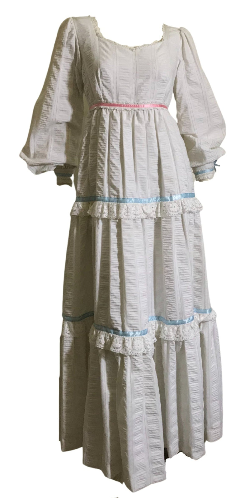 White Embroidered Cotton Maxi Dress with Pink and Blue Ribbon Trim circa 1970s White Embroidered Cotton Maxi Dress with Pink and Blue Ribbon Trim circa 1970s