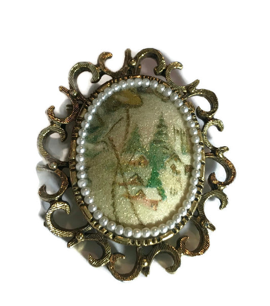 Wintry Ski Scene Sugared Oval Brooch circa 1960s