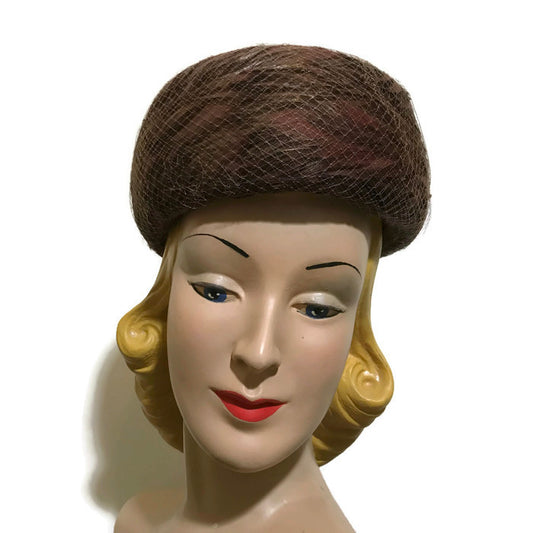 Bronze and Cocoa Swirled Feather Rounded Pill Box Hat circa 1960s