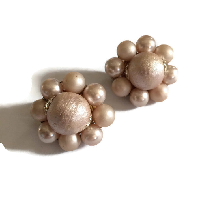 Champagne Textured Beaded Button Clip Earrings circa 1960s