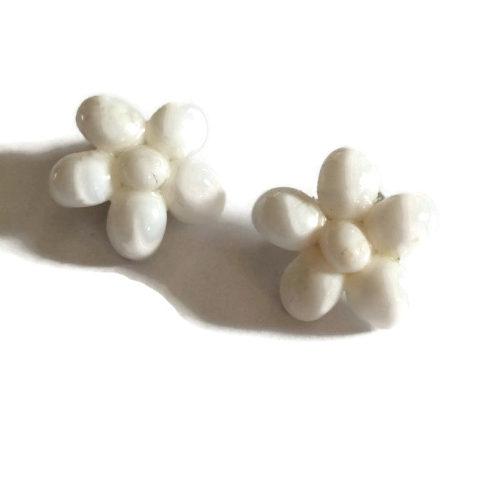 Flower Shaped White Shell Clip Earrings circa 1960s