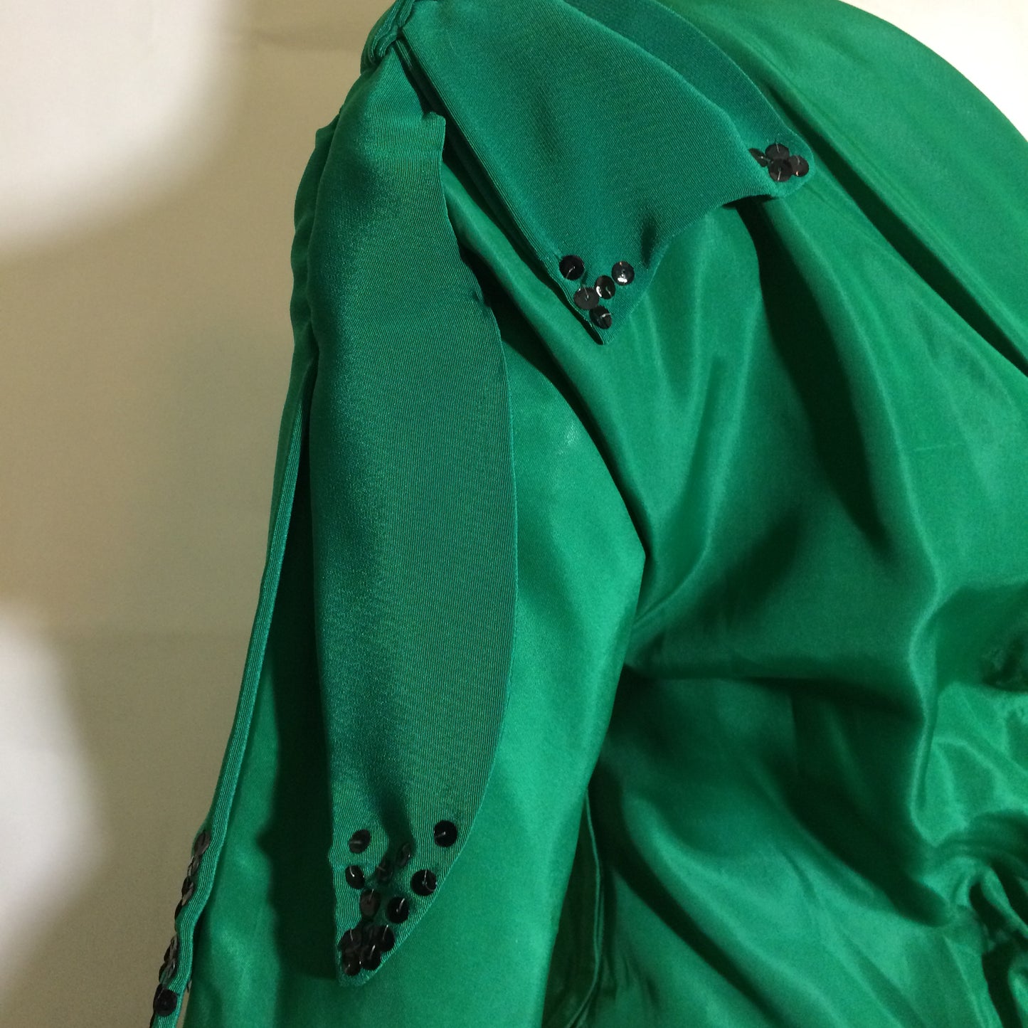 Emerald Green Silk Taffeta Party Dress with Shoulder Bow and Button Back circa 1950s