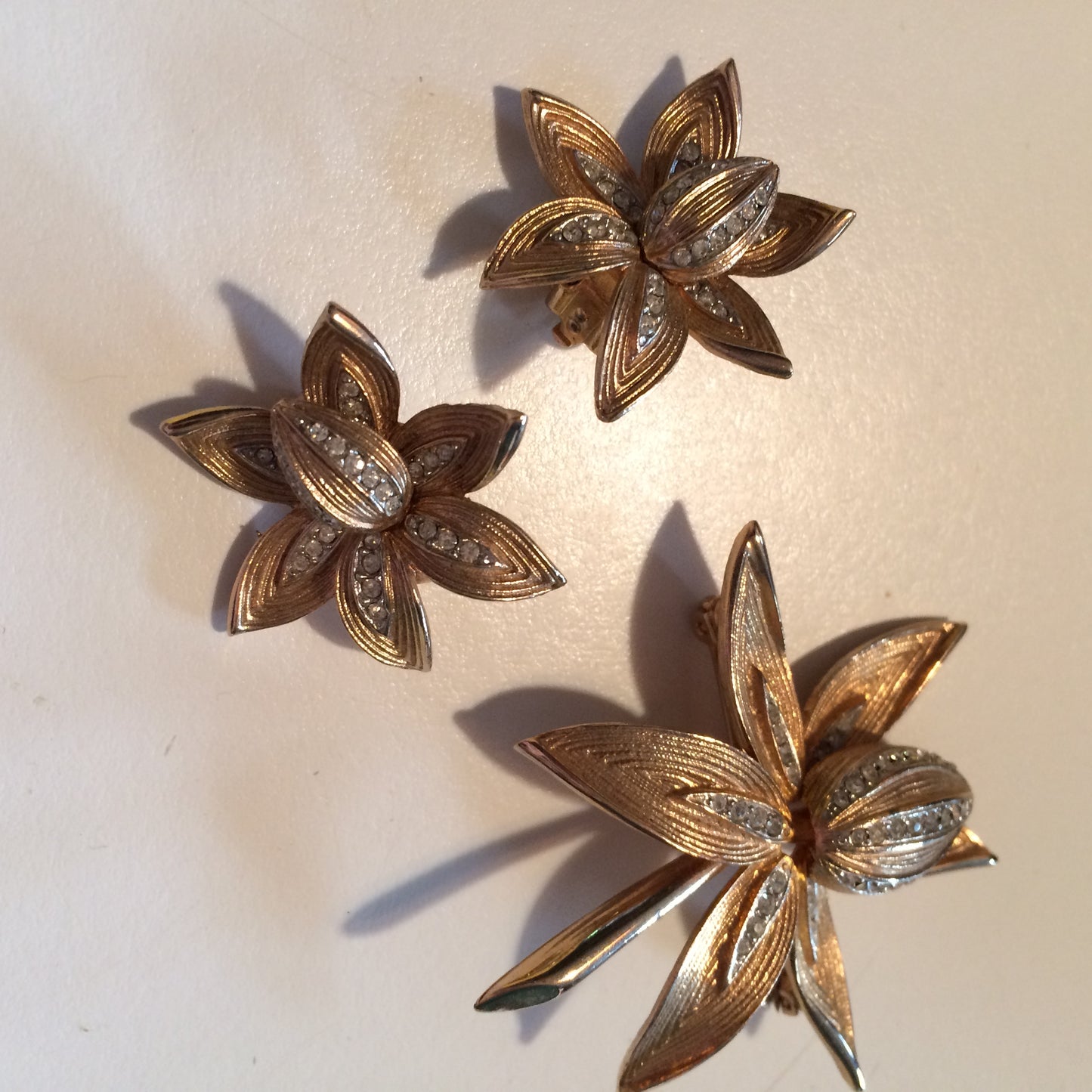 Golden Orchid Rhinestone Adorned Brooch and Earrings Set circa 1940s