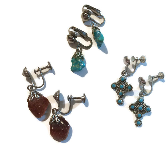 Three Pairs Screwback Clip Earrings Turquoise and Stones circa 1940s