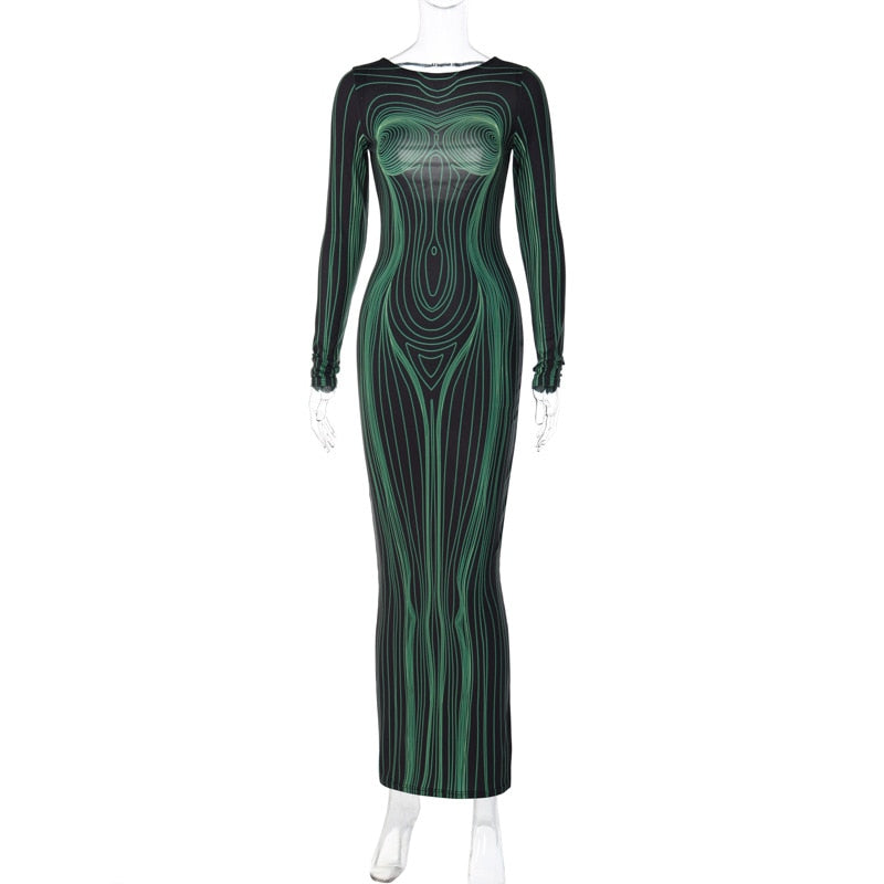 Metropolis- the Body Art Print Fitted Black and Green Dresss