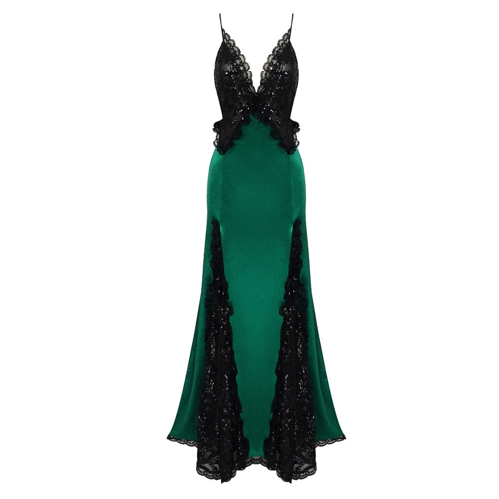 Hayworth- the 1940s Sequined Lingerie Style Green and Black Satin Dress 2 Color Ways