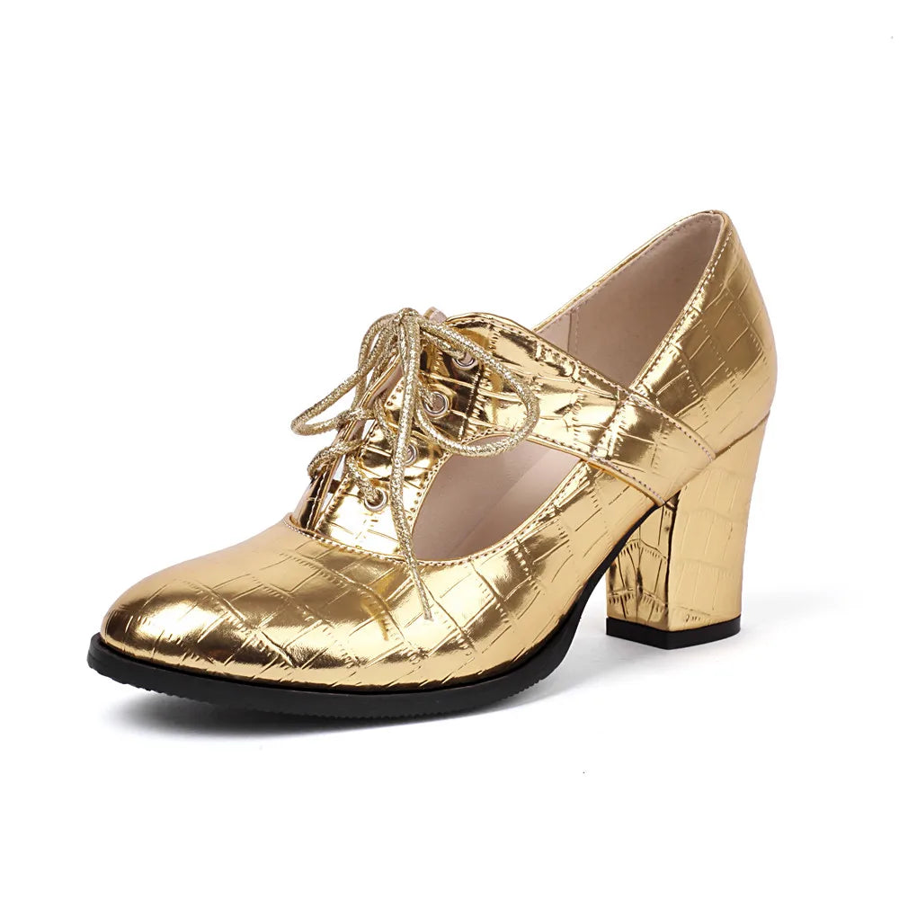 Tap Out- the Chunky Heel Open Vamp Brogue Style Metallic Shoes 3 Colors