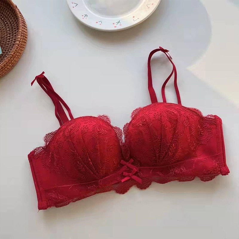 Gathering- the Ruched Cup Lace Trimmed Chiffon Bra 3 Colors