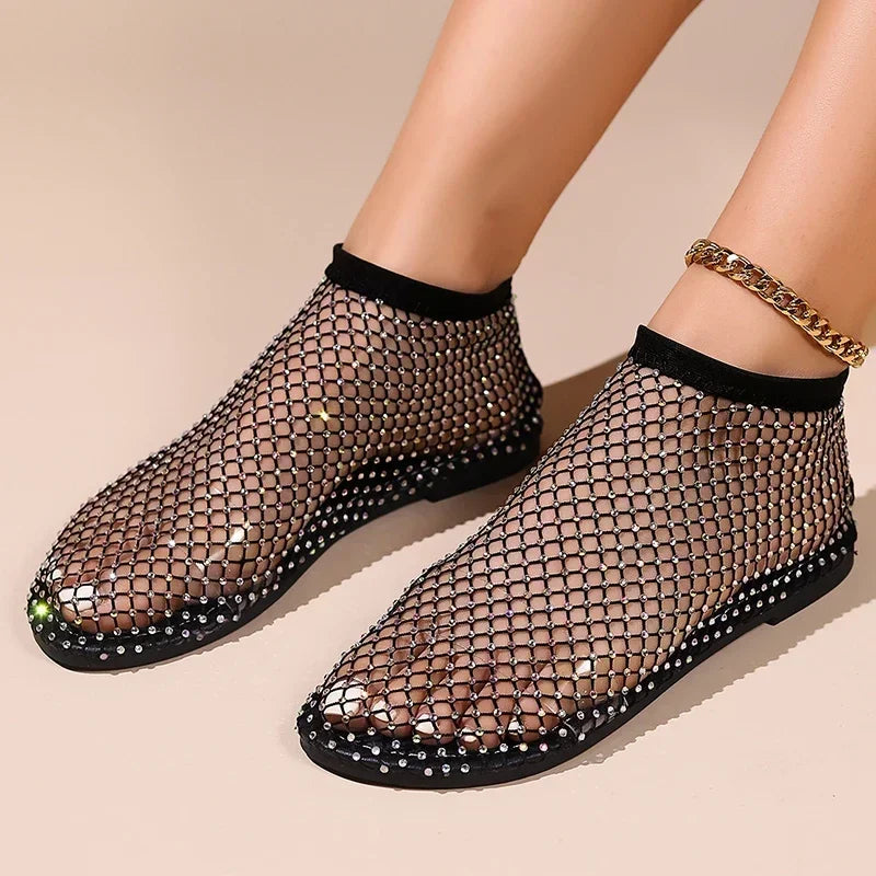 Rock'em Sock'em- the Sheer Rhinestone Dotted Fishnet Stocking or Thong Style Flat Shoe 2 Styles 2 Colors