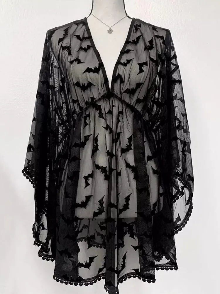 Batgirl- the Sheer Black (or Pink) Bat Print Smock Blouse