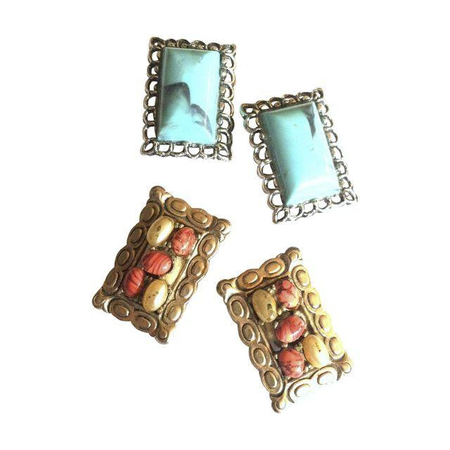 Rock Collector Set 2 Pairs Earthy Faux Stone Clip Earrings circa 1960s