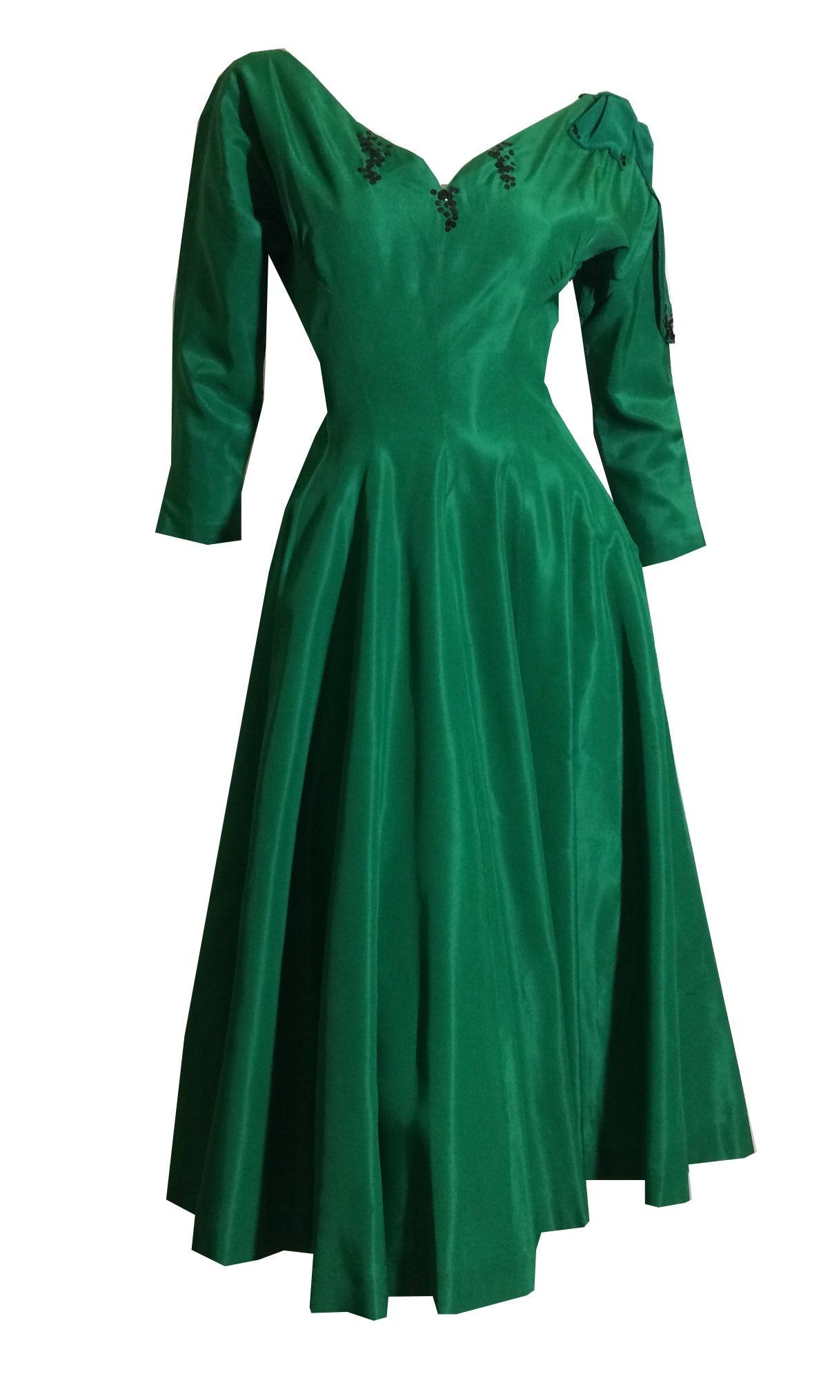 Emerald Green Silk Taffeta Party Dress with Shoulder Bow and Button Back circa 1950s