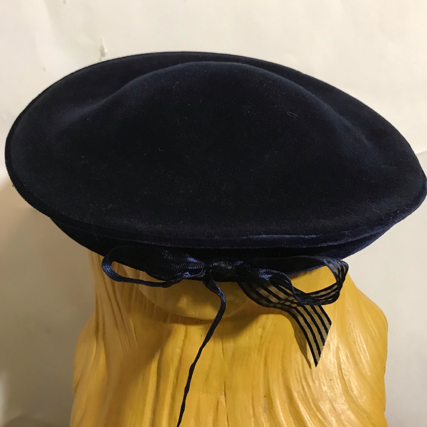 Blue Velvet Sailor Style Hat with Beaded Side Clips and Bow circa 1960s