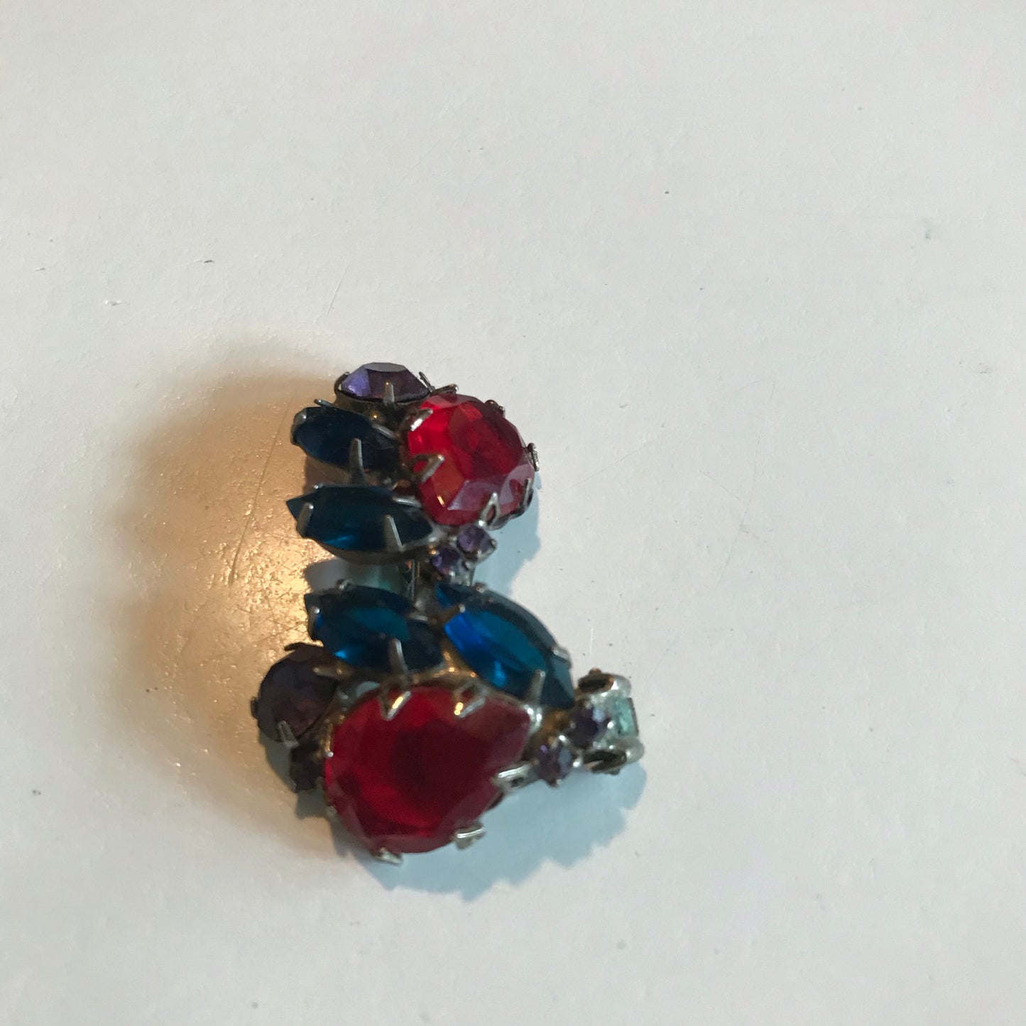 Red, Purple and Blue Crystal Cluster Clip Earrings circa 1940s