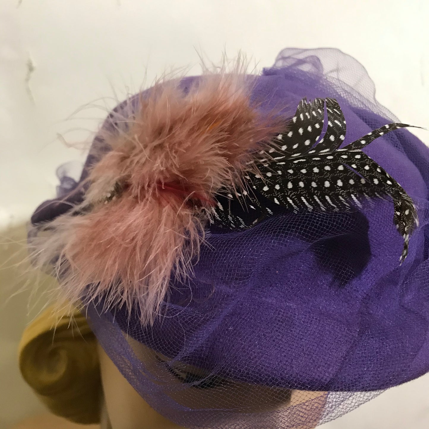 Purple Felted Wool Riding Style Mini Hat with Feathers circa 1980s